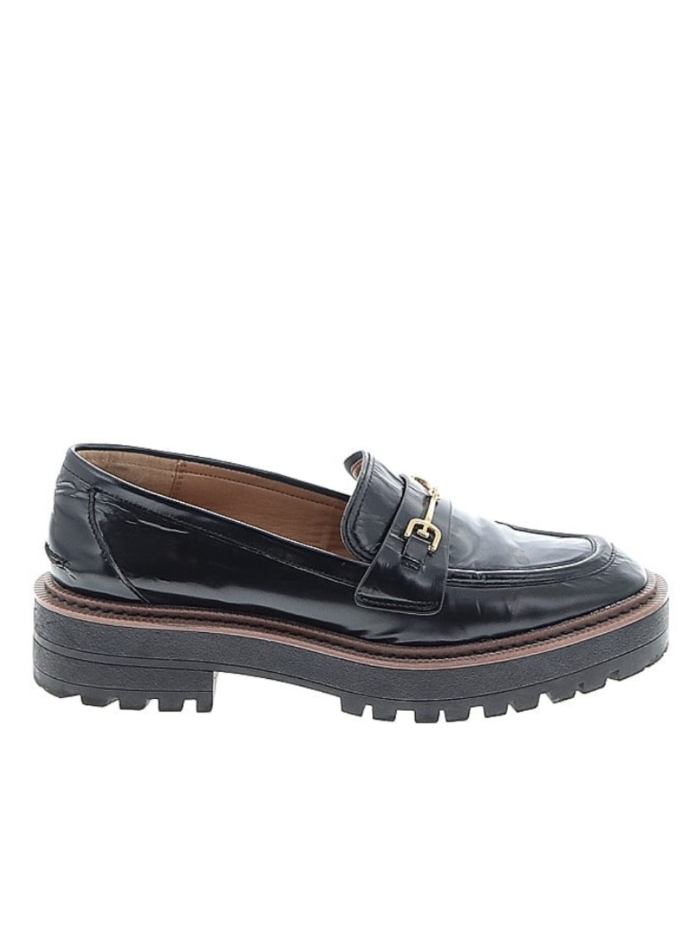 Sam Edelman Black Patent Leather Lug Sole Loafer with Gold Horsebit